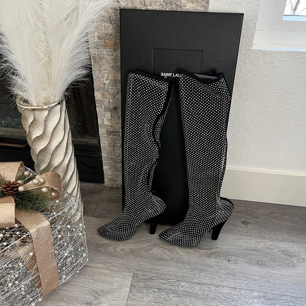 YSL - Saint Laurent Rare Knee High Boots In Mesh With Rhinestones.